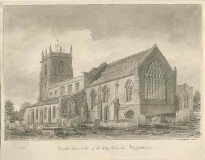 Audley Church: sépiová kresba, 1840 od John Buckler