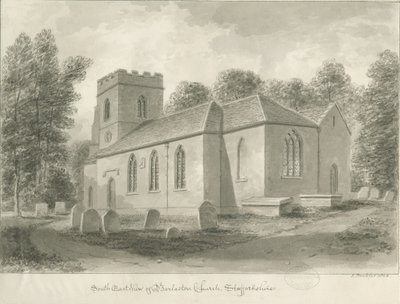 Barlaston Church: sépiová kresba, 1844 od John Buckler