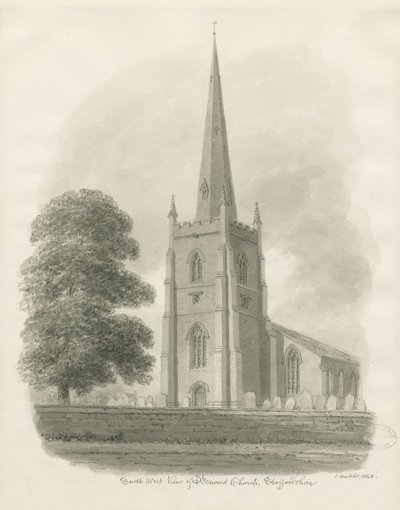 Brewood Church: sépiová kresba, 1843 od John Buckler
