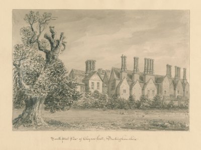 Buckinghamshire - Chenies Hall: sépiová kresba, 1824 od John Buckler