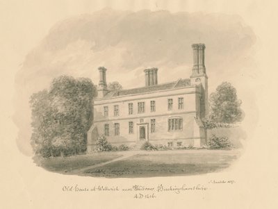 Buckinghamshire - Wellwick - Old House: sépiová kresba vinětovaná, 1837 od John Buckler