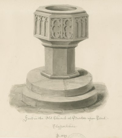 Burton-upon-Trent - Font ve starém kostele: sépiová kresba od John Buckler