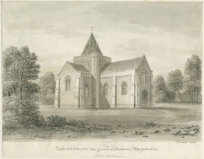 Butterton – kostel sv. Tomáše: sépiová kresba, 1844 od John Buckler