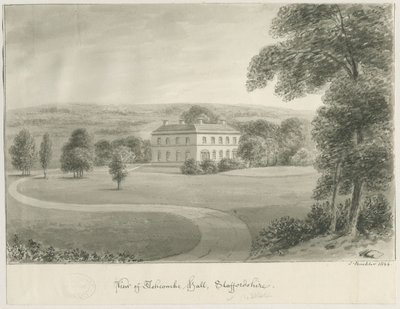 Cheddleton - Ashcombe Hall: sépiová kresba, 1844 od John Buckler