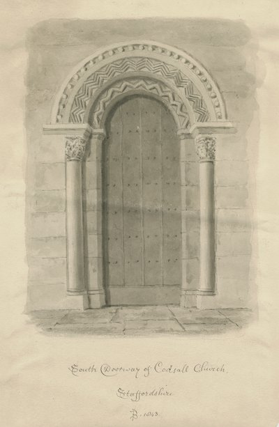 Codsall Church - South Doorway: sépiová kresba od John Buckler