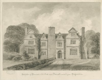 Dimsdale Old Hall: sépiová kresba, 1841 od John Buckler