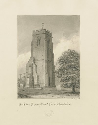 Drayton Bassett Church: sépiová kresba, 1838 od John Buckler