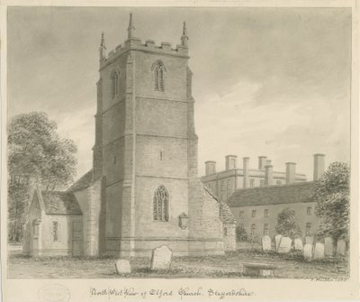 Elford Church: sépiová kresba, 1838 od John Buckler