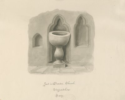 Písmo v Barton pod Needwood Church: sépiová kresba od John Buckler
