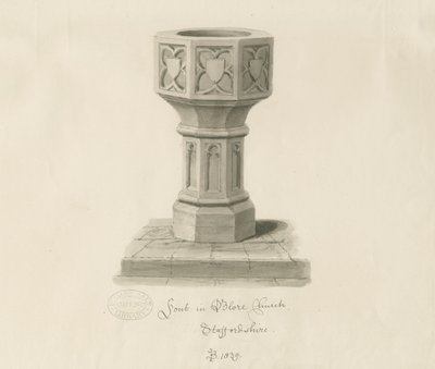 Písmo v kostele Blore: sépiová kresba, 1839 od John Buckler