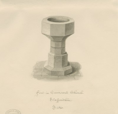Písmo v Caverswall Church: sépiová kresba, 1840 od John Buckler