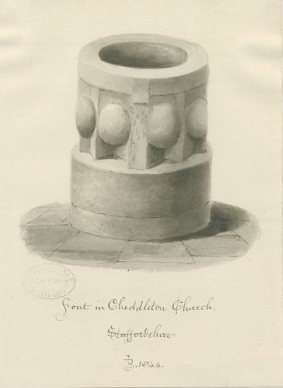 Font v Cheddleton Church: sépiová kresba, 1844 od John Buckler
