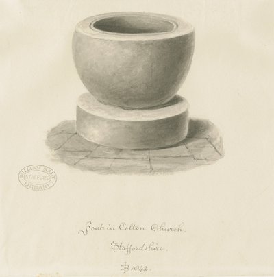 Font v Colton Church: sépiová kresba, 1842 od John Buckler