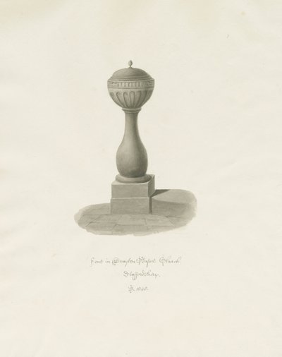 Písmo v kostele Drayton Bassett: sépiová kresba, 1848 od John Buckler