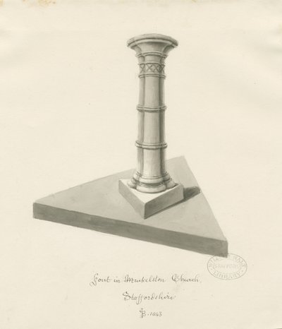 Font v Mucklestone Church: sépiová kresba, 1843 od John Buckler