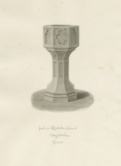 Font v Rolleston Church: sépiová kresba, 1848 od John Buckler