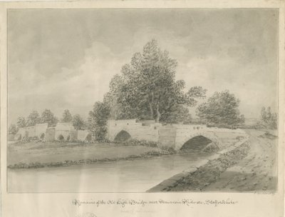Handsacre - Old High Bridge: sépiová kresba, 1839 od John Buckler