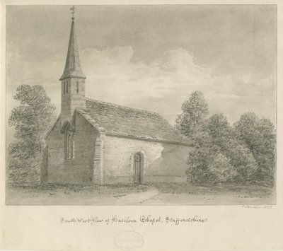 Haselour Chapel: sépiová kresba, 1828 od John Buckler