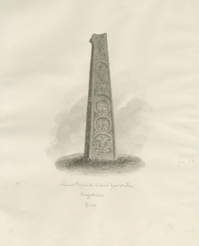 Ilam Church - Ancient Cross: sépiová kresba, 1847 od John Buckler