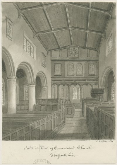 Interiér Caverswall Church: sépie kresba od John Buckler