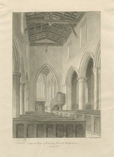 Interiér Checkley Church: sépie kresba od John Buckler