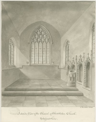 Interiér Cheddleton Church: sépiová kresba od John Buckler
