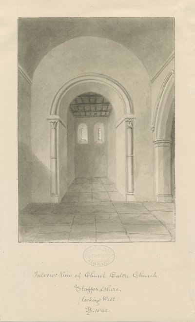 Interiér kostela Eaton Church: sépiová kresba od John Buckler