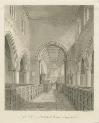 Interiér kostela Eccleshall: sépiová kresba, 1842 od John Buckler
