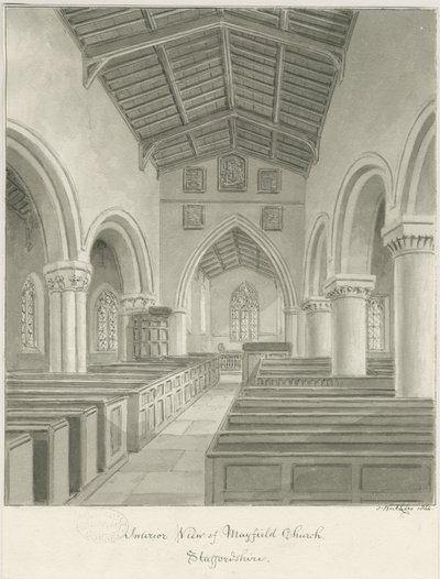 Interiér Mayfield Church: sépiová kresba, 1844 od John Buckler