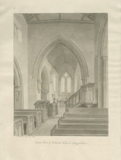 Interiér Standon Church: sépiová kresba od John Buckler