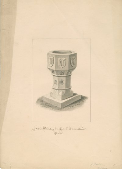 Lancashire - Waddington Church - Font: sépiová kresba, 1808 od John Buckler