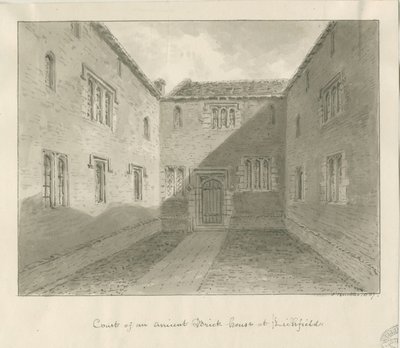 Lichfield - Court Yard of Old House in The Close: sépiová kresba od John Buckler