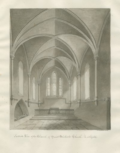 Lichfield - interiér kostela sv. Michala: sépiová kresba od John Buckler