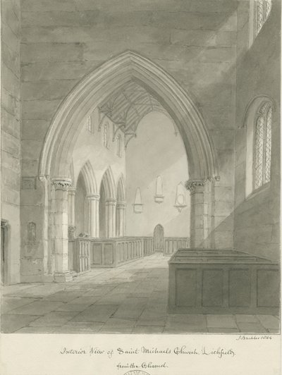 Lichfield - interiér kostela sv. Michala: sépiová kresba od John Buckler
