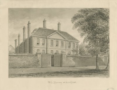 Lichfield - The Deanery in The Close: sépiová kresba, 1838 od John Buckler