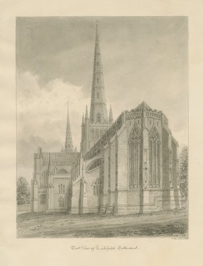 Katedrála Lichfield - východní pohled: sépiová kresba, 1838 od John Buckler