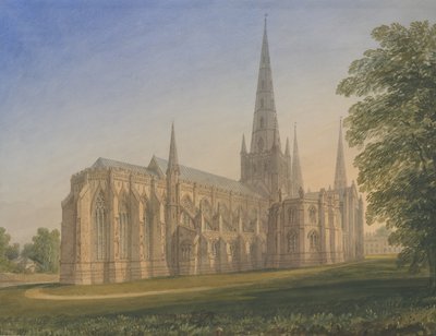 Katedrála Lichfield – pohled na severovýchod: malba vodovými barvami, nd [1770-1851] od John Buckler