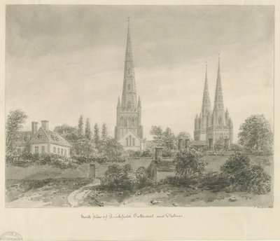 Katedrála Lichfield - severní pohled: sépiová kresba, 1838 od John Buckler