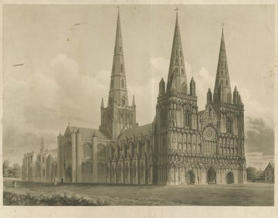Katedrála Lichfield – pohled na severozápad: rytina akvatinty, nd [1807] od John Buckler