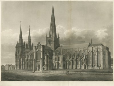 Katedrála Lichfield - South East View: rytina akvatinty a [?19. století] od John Buckler