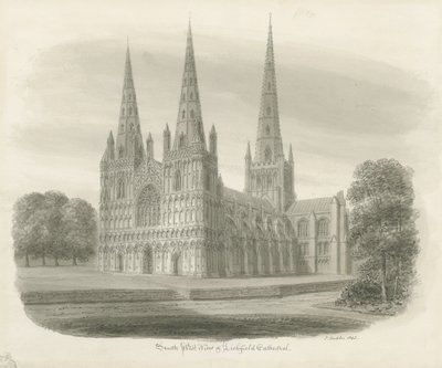 Lichfieldská katedrála - jihozápadní pohled: sépiová kresba od John Buckler