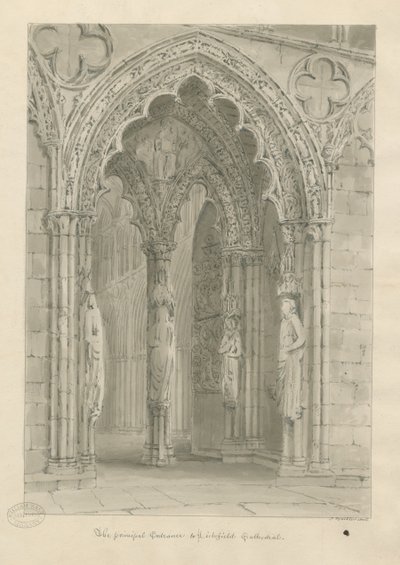 Katedrála Lichfield - West Doorway: sépie kresba od John Buckler