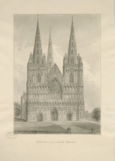 Katedrála Lichfield - Západní fronta: kresba v sépii, 1806 od John Buckler