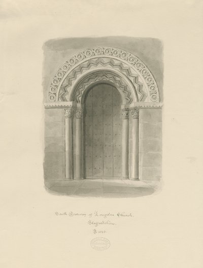 Longdon Church - South Doorway: sépiová kresba od John Buckler