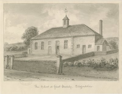 Madeley - Free School: kresba v sépii, 1840 od John Buckler