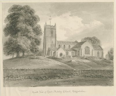 Madeley Church: sépie lavírovaná kresba od John Buckler