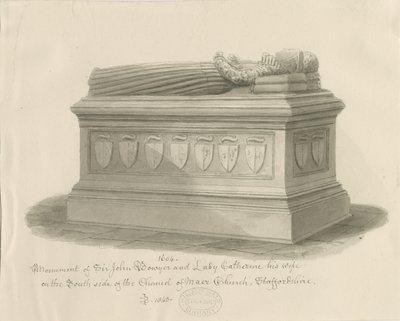 Kostel Maer - Památník sira Johna Bowyera a lady Catherine: sépiová kresba, 1843 od John Buckler