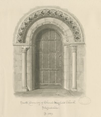 Mayfield Church - South Doorway: sépiová kresba, 1839 od John Buckler