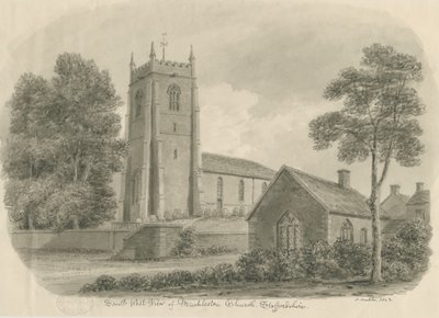 Mucklestone Church: sépie lavírovaná kresba od John Buckler