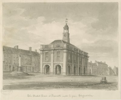 Newcastle-under-Lyme - Market Square: sépiová kresba, 1840 od John Buckler